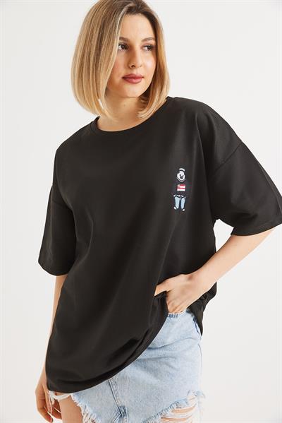 Nakışlı Bisiklet Yaka Tshirt Siyah