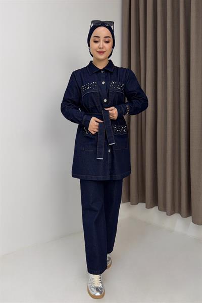 Kadın Taş Detaylı Kot Ceket Pantolon Takım Lacivert