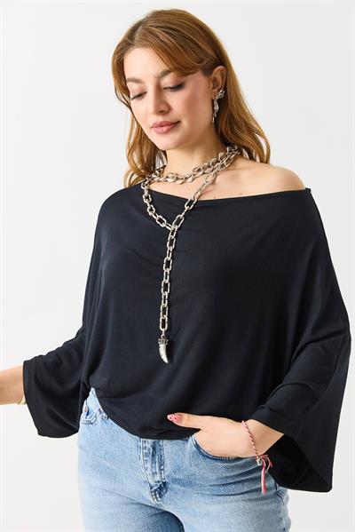 Kadın Kaşmir Yumuşak Kayık Yaka Pelerin Detaylı Bluz Siyah