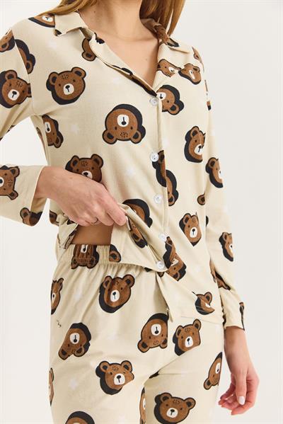 Kadın Bej Pamuklu Karakter Baskılı Polo Yaka Pijama Takımı