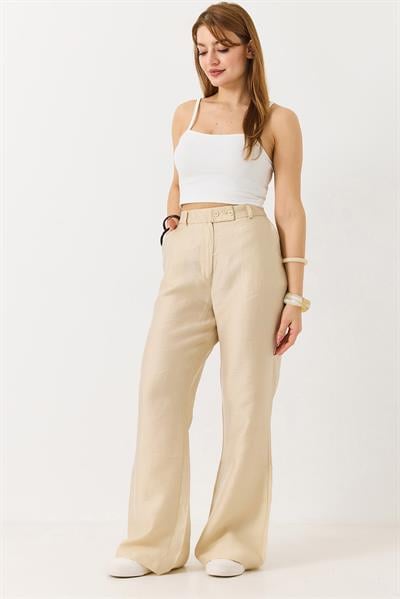Kadın İspanyol Paça Çift Düğmeli Kumaş Pantolon Bej