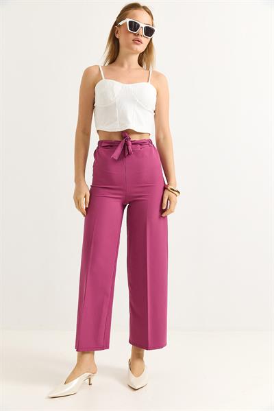 Bel Kuşaklı Bol Paça Krep Pantolon Pembe