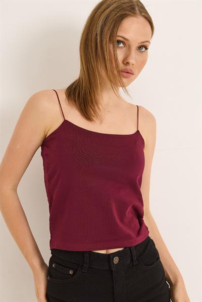 İp Askılı Uzun Crop Bluz Bordo