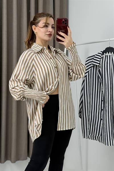Manşet Detaylı Oversize Şık Gömlek Vizon