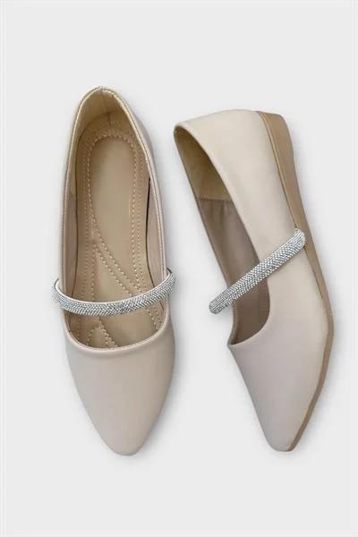 Kadın Bantlı Taş Detay Babet Ayakkabı Bej