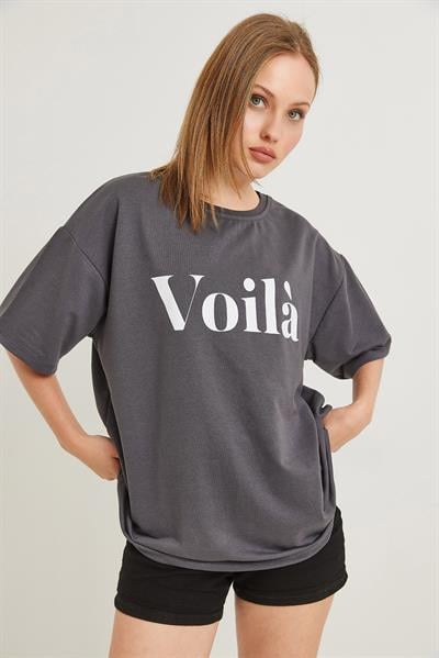 Voila Baskılı Oversize İki İplik Tshirt Füme