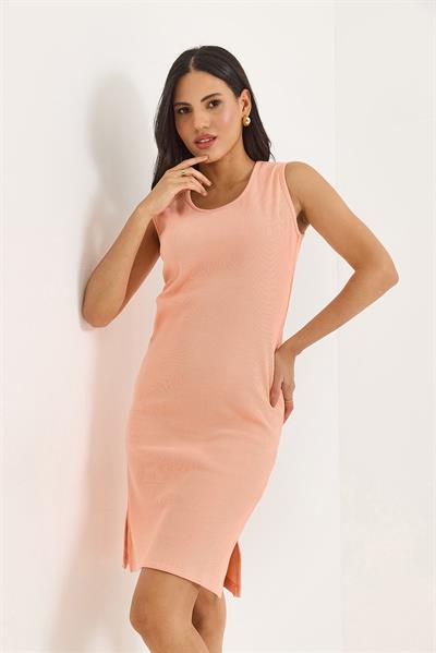Sıfır Kol Kaşkorse Yırtmaçlı Midi Elbise Pudra