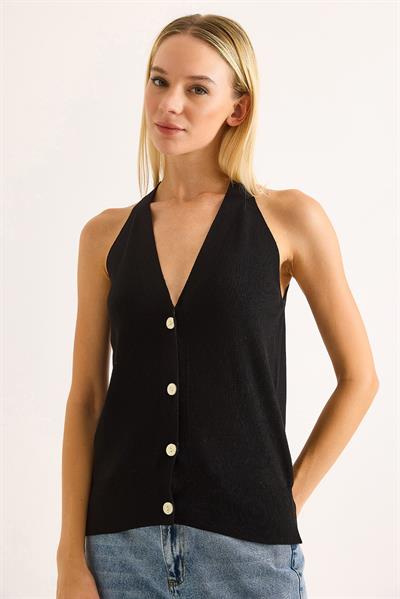 Kadın Düğmeli Triko Yelek Siyah