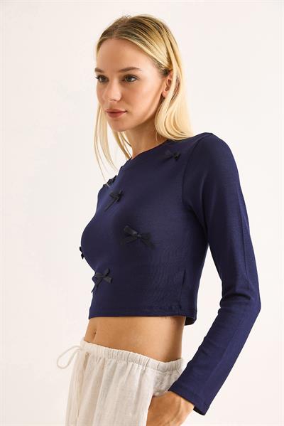 Kadın Kurdeleli Uzun Kollu Crop Bluz Lacivert