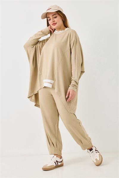 Kadın Beli Lastikli Dökümlü Model Oversize Eşofman Takım Bej