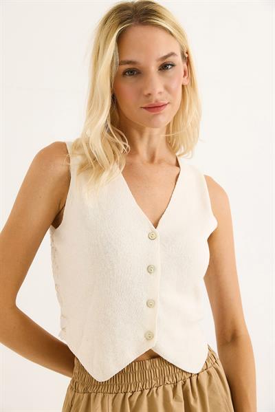 Arkası Dantel Detaylı Düğmeli Yelek Ekru