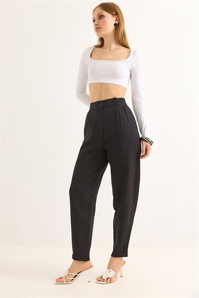 Havuç Model Çift Düğmeli Palazzo Pantolon Siyah