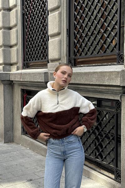 Yarım Fermuar Dik Yaka Welsoft Sweat Krem 