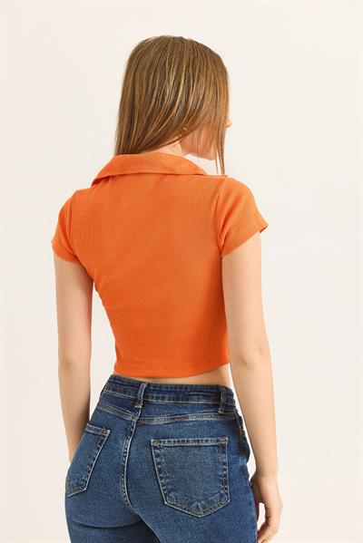 Polo Yaka Basıc Kısa Kollu Örme Kaşkorse Crop Bluz Portakal