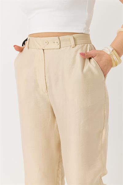 Kadın İspanyol Paça Çift Düğmeli Kumaş Pantolon Bej