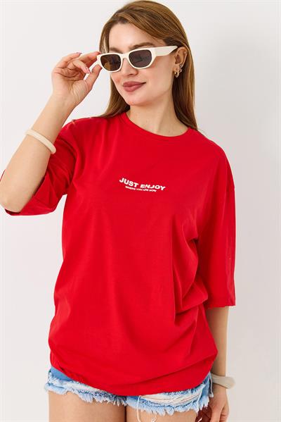 Kadın Yazı Baskılı Bisiklet Yaka Tshirt Kırmızı