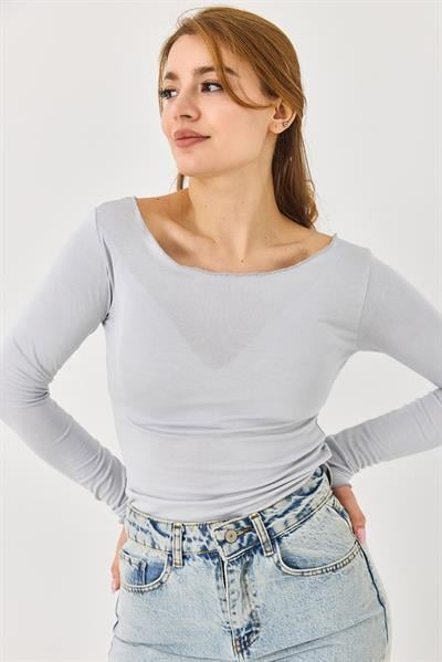 Kayık Yaka Kaşmir Uzun Kollu Bluz Gri