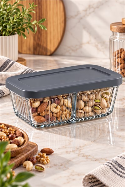 2 Bölmeli Cam Kesme Silikon Kapaklı Saklama Kabı Gri