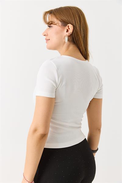 Kadın Çıtçıtlı Kısa Kollu Kaşkorse  Bluz Beyaz