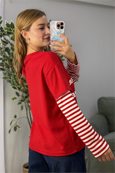 Kadın Yazı Baskılı Kolları Çizgili Bisiklet Yaka Tshirt Kırmızı