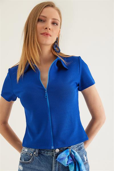 Polo Yaka Fermuarlı  Kaşkorse Bluz Saks	