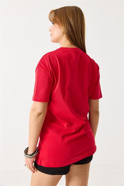 Kadın Baskılı Bisiklet Yaka Kısa Kol Tshirt Kırmızı