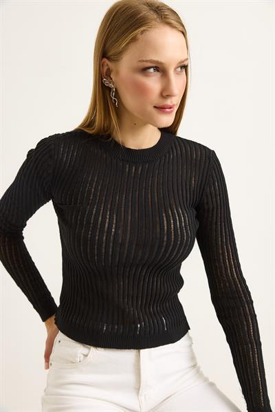 Bisiklet Yaka Triko Örme Bluz Siyah