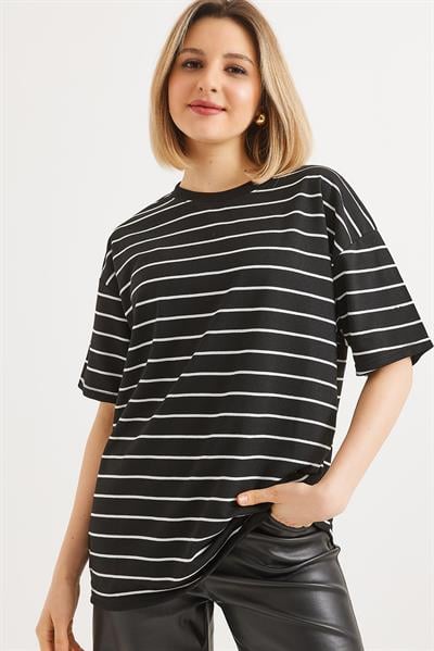 Çizgili İki İp Bayan Tshirt Siyah