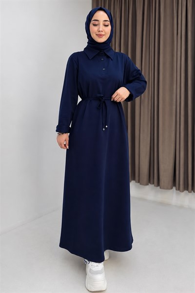 Kadın Beli Bağlamalı Düz Basic Elbise Lacivert