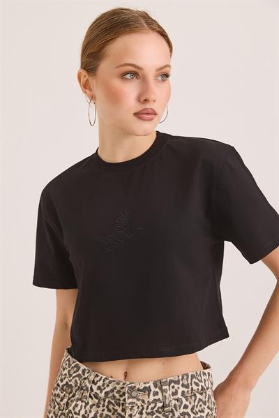 Rahat Kalıp Pamuk Örme Crop Tshirt Siyah