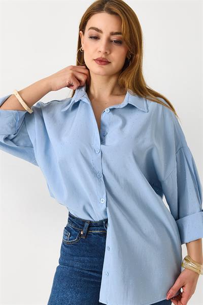 Kadın Taş Detaylı Oversize Şık Gömlek Mavi