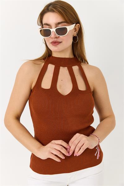 Kadın Esnek Triko Kahverengi Modern Kesim Detaylı Bluz 