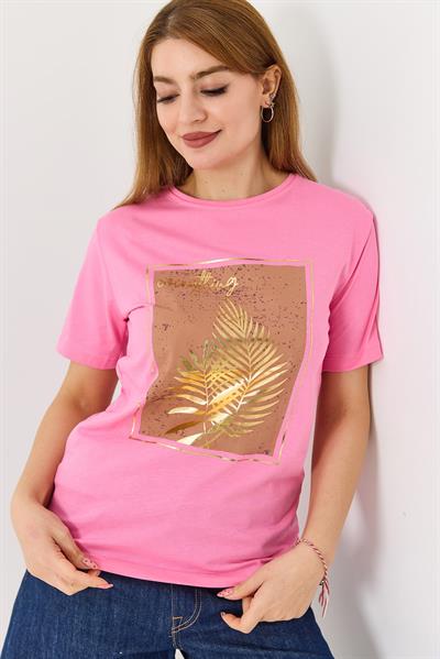 Kadın Palmiye Parlak Baskılı Tshirt Pembe