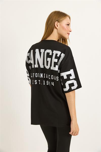 Sırt Baskılı Oversize Bisiklet Yaka Tshirt Siyah