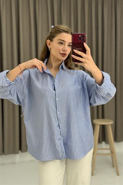 Kadın Uzun Kollu Oversize  Gömlek Mavi