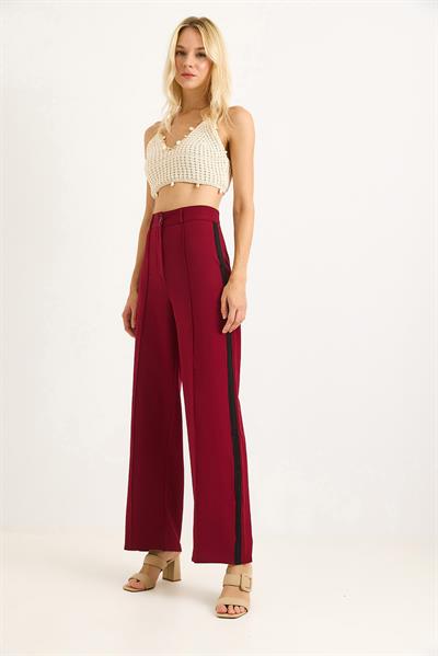 Yanları Şeritlik Bol Paça Kadın Pantolon Bordo