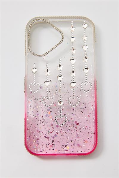 İphone 16  Uyumlu Şeffaf ve Mor Geçişli Kalp-Yıldız Taşlı Kılıf Pembe