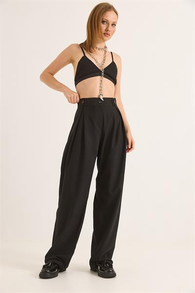 Bol Kesim Dökümlü Palazzo Pantolon Siyah