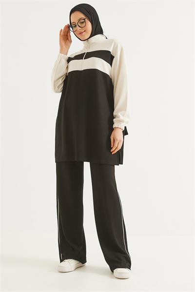 Yaka Fermuarlı Garnili Oysho Kumaş Takım Siyah