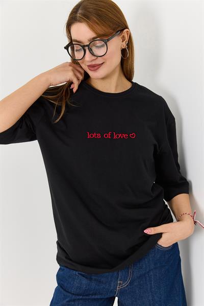 Kadın Yazı Baskılı Bisiklet Yaka Tshirt Siyah