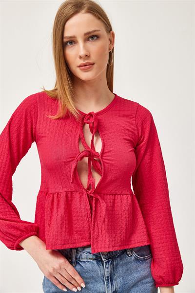 Bağlama Detaylı Esnek Örme Bluz Fuşya