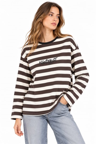Kadın Bisiklet Yaka Oversize Sweatshirt Kahverengi 