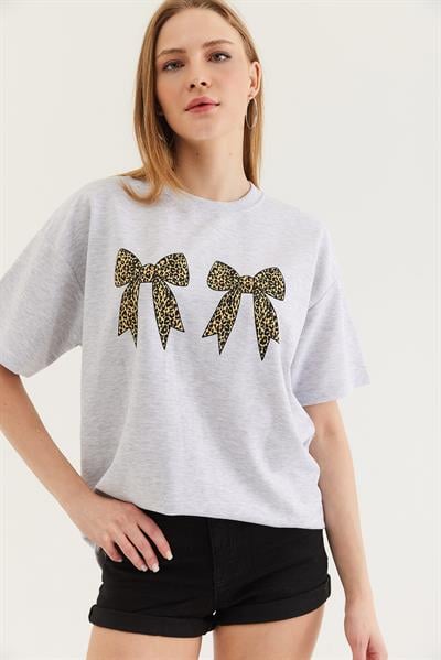 Kurdele Baskı Detaylı Basic Tshirt Gri