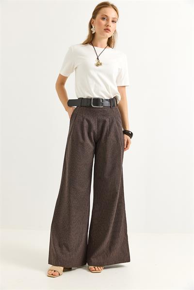 Keten Karışımlı Palazzo Pantolon Kahve