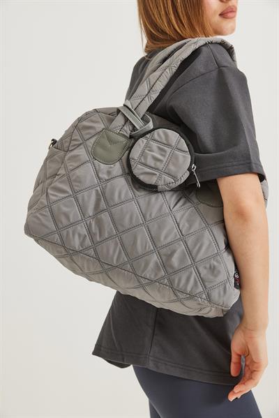 Kapitone Kumaş Cüzdanlı  El Ve Omuz Çantası Gri