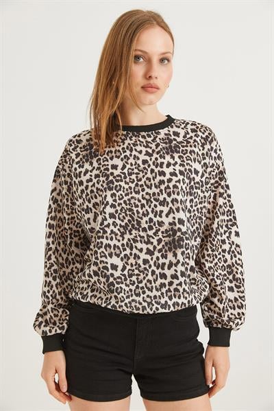  Leopar Desenli Oversize İki İplik Sweat Leopar