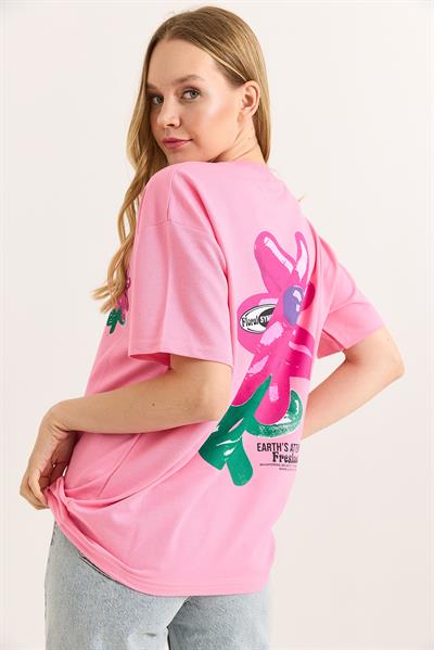 Baskılı Bisiklet Yaka Basic Tshirt Pembe