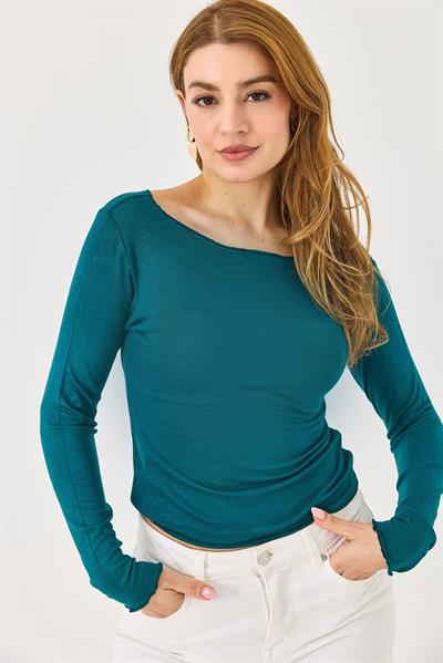 Kayık Yaka Kaşmir Uzun Kollu Bluz Yeşil