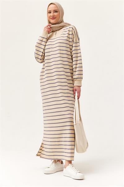Yarım Fermuar Çizgili Uzun Elbise Gri