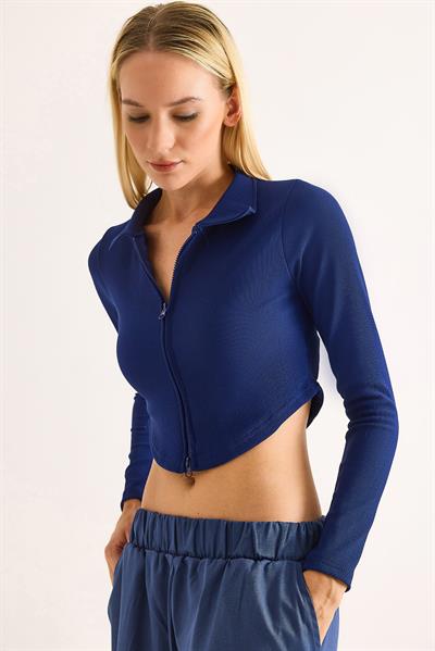 Kadın Polo Yaka Fermuarlı  Fitilli Kaşkorse Crop Lacivert